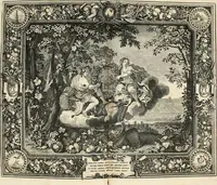 An illustration from Tapisseries du roy, ou sont representez les quatre elemens et les quatre saisons : avec les devises qvi les accompagnent & leur explication = Königliche französische Tapezereyen, oder überauss schöne Sinn-Bilder, in welchen die vier Element, samt den vier Jahr-Zeiten, neben den Dencksprüchen und ihren Ausslegungen, vorgestellet werden (1690)