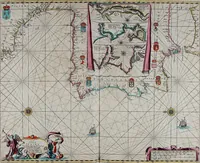 Picture 22 of 40 from Atlas maritimus, or A book of charts : Describeing the sea coasts capes headlands sands shoals rocks and dangers the bayes roads harbors rivers and ports, in most of the knowne parts of the world. With the true courses and distances, from one place to another : Gathered from the latest and best discoveryes, that have bin made by divers able and experienced navigators of our English nation : Accomodated with an hydrographicall description of the whole world (1672), leaf 60