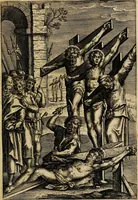An illustration from Sacrum sanctuarium crucis et patientiae crucifixorum et cruciferorum, emblematicis imaginibus laborantium et aegrotantium ornatum: artifices gloriosi nouae artis bene viuendi et moriendi secundum rationem regulae et circini (1634)
