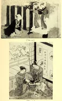 An illustration from 400 Japanese Color Prints Collected by Arnold Genthe Notable Examples of the Important Ukiyoye Artists. A Page from Harunobu's Maneyemon, Utamaro's Early Print after a Harunobu Painting, Shuncho's "Promenade," Hiroshige's "Misty Moonlight," Hokusai's "Return from the Picnic." Pillar Prints by Toyonobu, Haruji, Kiyonaga, Koriusai, Masunobu, Yeishin, Triptychs by Utamaro, Toyokuni I., Yeizan. Eighty Surimono in Flawless Condition, Including Examples by Shunman, Gakutei, Hokusai, Shinsai (1917)