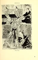 An illustration from 400 Japanese Color Prints Collected by Arnold Genthe Notable Examples of the Important Ukiyoye Artists. A Page from Harunobu's Maneyemon, Utamaro's Early Print after a Harunobu Painting, Shuncho's "Promenade," Hiroshige's "Misty Moonlight," Hokusai's "Return from the Picnic." Pillar Prints by Toyonobu, Haruji, Kiyonaga, Koriusai, Masunobu, Yeishin, Triptychs by Utamaro, Toyokuni I., Yeizan. Eighty Surimono in Flawless Condition, Including Examples by Shunman, Gakutei, Hokusai, Shinsai (1917)
