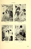 An illustration from 400 Japanese Color Prints Collected by Arnold Genthe Notable Examples of the Important Ukiyoye Artists. A Page from Harunobu's Maneyemon, Utamaro's Early Print after a Harunobu Painting, Shuncho's "Promenade," Hiroshige's "Misty Moonlight," Hokusai's "Return from the Picnic." Pillar Prints by Toyonobu, Haruji, Kiyonaga, Koriusai, Masunobu, Yeishin, Triptychs by Utamaro, Toyokuni I., Yeizan. Eighty Surimono in Flawless Condition, Including Examples by Shunman, Gakutei, Hokusai, Shinsai (1917)