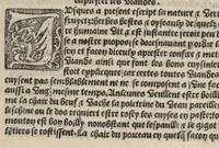 Picture 8 of 27 from Platine en françoys, tres utile et necessaire pour le corps humain, qui traicte de honneste volupte et de toutes viandes et choses que lhomme mange : quelles vertus ont : et en quoy nuysent ou prouffitent au corps humain et comment se doyvent apprester ou appareiller : et de faire a chascune dicelles viandes soit chair ou poisson sa propre sausce : et des proprietez et vertus que ont lesdictes viandes. Et du lieu et place convenable a lhomme pour habiter : et de plusieurs aultres gentillesses parquoy lhomme se peult maintenir en prosperite et sante sans avoir grant indigence davoir aultre medecin sil est homme de raison. (1519), leaf 215