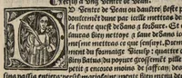 An illustration from Platine en françoys, tres utile et necessaire pour le corps humain, qui traicte de honneste volupte et de toutes viandes et choses que lhomme mange : quelles vertus ont : et en quoy nuysent ou prouffitent au corps humain et comment se doyvent apprester ou appareiller : et de faire a chascune dicelles viandes soit chair ou poisson sa propre sausce : et des proprietez et vertus que ont lesdictes viandes. Et du lieu et place convenable a lhomme pour habiter : et de plusieurs aultres gentillesses parquoy lhomme se peult maintenir en prosperite et sante sans avoir grant indigence davoir aultre medecin sil est homme de raison. (1519)