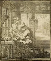 An illustration from Spiegel van het menselyk bedryf: vertoonende honderd verscheiden ambachten, konstig afgebeeld en met godlyke spreuken en stichtelyke verzen verryke (1730)