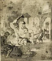 An illustration from Spiegel van het menselyk bedryf: vertoonende honderd verscheiden ambachten, konstig afgebeeld en met godlyke spreuken en stichtelyke verzen verryke (1730)