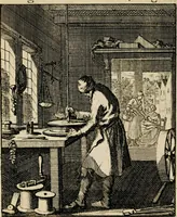 An illustration from Spiegel van het menselyk bedryf: vertoonende honderd verscheiden ambachten, konstig afgebeeld en met godlyke spreuken en stichtelyke verzen verryke (1730)