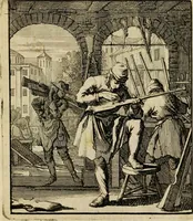 An illustration from Spiegel van het menselyk bedryf: vertoonende honderd verscheiden ambachten, konstig afgebeeld en met godlyke spreuken en stichtelyke verzen verryke (1730)