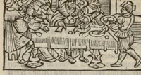 An illustration from Le mirouer du regime et gouvernement du corps & de lame : compose par le saige Caton senateur romain : auquel est comprins deux cens & ung commandement : soubz lesquelz sont comprinses plusieurs exemples aornees de plusieurs figures. (1543)