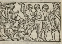 An illustration from Le mirouer du regime et gouvernement du corps & de lame : compose par le saige Caton senateur romain : auquel est comprins deux cens & ung commandement : soubz lesquelz sont comprinses plusieurs exemples aornees de plusieurs figures. (1543)