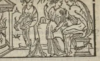 An illustration from Le mirouer du regime et gouvernement du corps & de lame : compose par le saige Caton senateur romain : auquel est comprins deux cens & ung commandement : soubz lesquelz sont comprinses plusieurs exemples aornees de plusieurs figures. (1543)