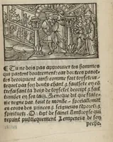 An illustration from Le mirouer du regime et gouvernement du corps & de lame : compose par le saige Caton senateur romain : auquel est comprins deux cens & ung commandement : soubz lesquelz sont comprinses plusieurs exemples aornees de plusieurs figures. (1543)