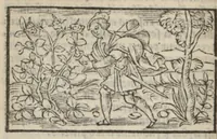 An illustration from Le mirouer du regime et gouvernement du corps & de lame : compose par le saige Caton senateur romain : auquel est comprins deux cens & ung commandement : soubz lesquelz sont comprinses plusieurs exemples aornees de plusieurs figures. (1543)
