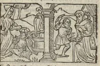 An illustration from Le mirouer du regime et gouvernement du corps & de lame : compose par le saige Caton senateur romain : auquel est comprins deux cens & ung commandement : soubz lesquelz sont comprinses plusieurs exemples aornees de plusieurs figures. (1543)