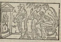 An illustration from Le mirouer du regime et gouvernement du corps & de lame : compose par le saige Caton senateur romain : auquel est comprins deux cens & ung commandement : soubz lesquelz sont comprinses plusieurs exemples aornees de plusieurs figures. (1543)