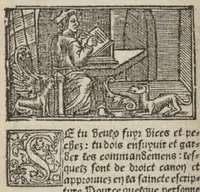 An illustration from Le mirouer du regime et gouvernement du corps & de lame : compose par le saige Caton senateur romain : auquel est comprins deux cens & ung commandement : soubz lesquelz sont comprinses plusieurs exemples aornees de plusieurs figures. (1543)