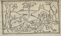 An illustration from Le mirouer du regime et gouvernement du corps & de lame : compose par le saige Caton senateur romain : auquel est comprins deux cens & ung commandement : soubz lesquelz sont comprinses plusieurs exemples aornees de plusieurs figures. (1543)
