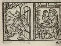 An illustration from Le mirouer du regime et gouvernement du corps & de lame : compose par le saige Caton senateur romain : auquel est comprins deux cens & ung commandement : soubz lesquelz sont comprinses plusieurs exemples aornees de plusieurs figures. (1543)