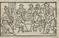 An illustration from Le mirouer du regime et gouvernement du corps & de lame : compose par le saige Caton senateur romain : auquel est comprins deux cens & ung commandement : soubz lesquelz sont comprinses plusieurs exemples aornees de plusieurs figures. (1543)
