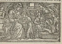 An illustration from Le mirouer du regime et gouvernement du corps & de lame : compose par le saige Caton senateur romain : auquel est comprins deux cens & ung commandement : soubz lesquelz sont comprinses plusieurs exemples aornees de plusieurs figures. (1543)