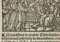An illustration from Le mirouer du regime et gouvernement du corps & de lame : compose par le saige Caton senateur romain : auquel est comprins deux cens & ung commandement : soubz lesquelz sont comprinses plusieurs exemples aornees de plusieurs figures. (1543)
