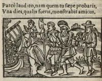 An illustration from Le mirouer du regime et gouvernement du corps & de lame : compose par le saige Caton senateur romain : auquel est comprins deux cens & ung commandement : soubz lesquelz sont comprinses plusieurs exemples aornees de plusieurs figures. (1543)