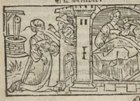 An illustration from Le mirouer du regime et gouvernement du corps & de lame : compose par le saige Caton senateur romain : auquel est comprins deux cens & ung commandement : soubz lesquelz sont comprinses plusieurs exemples aornees de plusieurs figures. (1543)