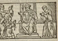 An illustration from Le mirouer du regime et gouvernement du corps & de lame : compose par le saige Caton senateur romain : auquel est comprins deux cens & ung commandement : soubz lesquelz sont comprinses plusieurs exemples aornees de plusieurs figures. (1543)