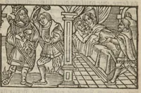 An illustration from Le mirouer du regime et gouvernement du corps & de lame : compose par le saige Caton senateur romain : auquel est comprins deux cens & ung commandement : soubz lesquelz sont comprinses plusieurs exemples aornees de plusieurs figures. (1543)