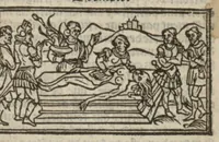 An illustration from Le mirouer du regime et gouvernement du corps & de lame : compose par le saige Caton senateur romain : auquel est comprins deux cens & ung commandement : soubz lesquelz sont comprinses plusieurs exemples aornees de plusieurs figures. (1543)