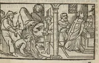 An illustration from Le mirouer du regime et gouvernement du corps & de lame : compose par le saige Caton senateur romain : auquel est comprins deux cens & ung commandement : soubz lesquelz sont comprinses plusieurs exemples aornees de plusieurs figures. (1543)