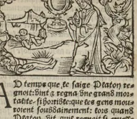 Picture 12 of 43 from Le mirouer du regime et gouvernement du corps & de lame : compose par le saige Caton senateur romain : auquel est comprins deux cens & ung commandement : soubz lesquelz sont comprinses plusieurs exemples aornees de plusieurs figures. (1543), leaf 74
