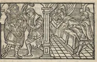 An illustration from Le mirouer du regime et gouvernement du corps & de lame : compose par le saige Caton senateur romain : auquel est comprins deux cens & ung commandement : soubz lesquelz sont comprinses plusieurs exemples aornees de plusieurs figures. (1543)