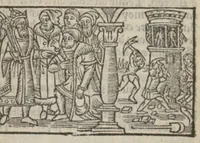 An illustration from Le mirouer du regime et gouvernement du corps & de lame : compose par le saige Caton senateur romain : auquel est comprins deux cens & ung commandement : soubz lesquelz sont comprinses plusieurs exemples aornees de plusieurs figures. (1543)