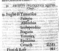 An illustration from Nuovo, et universale theatro farmaceutico. Fondato sopra le preparationi farmaceutiche scritte da'medici antichi, greci, e arabi; principalmente da Galeno, e Mesue / ... ampliato oltre le fabriche ... contenute ne gli antidotarii Veneti di Giorgio Melichio, aumentato da Alberto Stecchini ... con quelle ... compositioni ancora ... da gli più lodati scrittori ... (1667)