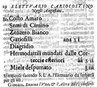 An illustration from Nuovo, et universale theatro farmaceutico. Fondato sopra le preparationi farmaceutiche scritte da'medici antichi, greci, e arabi; principalmente da Galeno, e Mesue / ... ampliato oltre le fabriche ... contenute ne gli antidotarii Veneti di Giorgio Melichio, aumentato da Alberto Stecchini ... con quelle ... compositioni ancora ... da gli più lodati scrittori ... (1667)