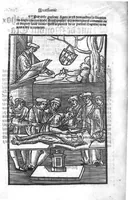 An illustration from Cy est Lanathomie de maistre Mundin boullonnoys, naguere traduicte de langue latine en vulgaire ou francoyse. Ou sont plusieurs figures et apostilles : moult requise et necessaire pour la congnoissance et notice dicelle/ Reveue et recongneue en plusieurs lieus par ledit translateur. Nouvellement imprimée (1532)
