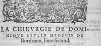 An illustration from La Chirurgie de Dominique Reulin Medecin de Bordeaux : fort utile et necessaire à tout homme exerçant cest art : comprise en cinq livres : le tout deduit par bon ordre, et facile methode. Avec deux Tables, l’une des Chapitres, l’autre des choses principales contenues en cest œuvre (1580)