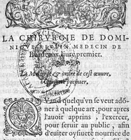An illustration from La Chirurgie de Dominique Reulin Medecin de Bordeaux : fort utile et necessaire à tout homme exerçant cest art : comprise en cinq livres : le tout deduit par bon ordre, et facile methode. Avec deux Tables, l’une des Chapitres, l’autre des choses principales contenues en cest œuvre (1580)
