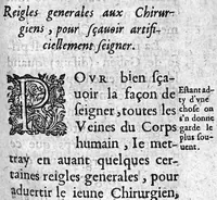 An illustration from Methode pour bien seigner, utile à tous chirurgiens, ou est amplement traicté l'artifice de bien pratiquer la seignee...oar Jean Bonnart...dédié à monsieur Hennequin (1628)