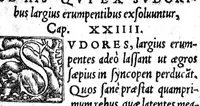 An illustration from Alexandri Aphrodisei medici et philosophi praecellentis, de febrium causis et differentiis opusculum a Georgio Valla Placentino latinitate donatum. In librum Ioannis Damasceni principis Arabum medici, de exquisita febrium curatione compendiosum diegema Albano Torino authore. Eiusdem aphorismorum libellus eodem Torino paraphraste. Ad haec Simonis Grynaei ... medicinae commentatio [i.e. commendatio] sive encomium. Praesagium experientia confirmatum Galeni Georgio Valla ... interprete (1542)