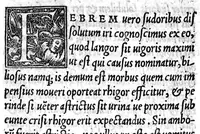 An illustration from Alexandri Aphrodisei medici et philosophi praecellentis, de febrium causis et differentiis opusculum a Georgio Valla Placentino latinitate donatum. In librum Ioannis Damasceni principis Arabum medici, de exquisita febrium curatione compendiosum diegema Albano Torino authore. Eiusdem aphorismorum libellus eodem Torino paraphraste. Ad haec Simonis Grynaei ... medicinae commentatio [i.e. commendatio] sive encomium. Praesagium experientia confirmatum Galeni Georgio Valla ... interprete (1542)