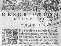 An illustration from Excellent traicte de la peste, monstrant les causes, signes d'icelle et les remedes les plus exquis tant pour la preservation que pour la cure des malades, le tout bien approuvé, et en divers lieux heureusement experimenté, Par Antoine Royet, natif de Lyon (1583)