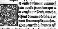 An illustration from Des divers travaulx et enfantemens des femmes, et par quel moyen lon doit survenir aux accidens qui peuvent escheoir devant et apres iceulx travaulx. Item quel lait et quelle nourrisse on doit eslire aux enfans : ensemble aucuns remedes concernens plusieurs maladies survenantes ausdits enfans nouveaux nez. Livret fort utile et duysant pour survenir a beaucoup de necessitez. Compose premierement en latin, par excellent medicin de Francfort, maistre Euchaire Rodion, et depuis tourne en langue françoyse, a lutilite de plusieurs personnes (1536)