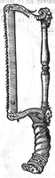 An illustration from La maniere de traicter les playes faictes tant par hacquebutes, que par fleches : et les accidentz d’icelles, comme fractures et caries des os, gangrene et mortification : avec les pourtraictz des instrumentz necessaires pour leur curation. Et la methode de curer les combustions principalement faictes par la pouldre à canon. Le tout composé par Ambroise Paré, maistre Barbier Chirurgien à Paris (1552)