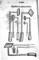 An illustration from La maniere de traicter les playes faictes tant par hacquebutes, que par fleches : et les accidentz d’icelles, comme fractures et caries des os, gangrene et mortification : avec les pourtraictz des instrumentz necessaires pour leur curation. Et la methode de curer les combustions principalement faictes par la pouldre à canon. Le tout composé par Ambroise Paré, maistre Barbier Chirurgien à Paris (1552)