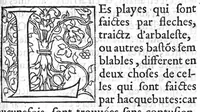 An illustration from La maniere de traicter les playes faictes tant par hacquebutes, que par fleches : et les accidentz d’icelles, comme fractures et caries des os, gangrene et mortification : avec les pourtraictz des instrumentz necessaires pour leur curation. Et la methode de curer les combustions principalement faictes par la pouldre à canon. Le tout composé par Ambroise Paré, maistre Barbier Chirurgien à Paris (1552)
