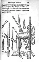 An illustration from La maniere de traicter les playes faictes tant par hacquebutes, que par fleches : et les accidentz d’icelles, comme fractures et caries des os, gangrene et mortification : avec les pourtraictz des instrumentz necessaires pour leur curation. Et la methode de curer les combustions principalement faictes par la pouldre à canon. Le tout composé par Ambroise Paré, maistre Barbier Chirurgien à Paris (1552)