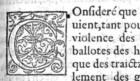 An illustration from La maniere de traicter les playes faictes tant par hacquebutes, que par fleches : et les accidentz d’icelles, comme fractures et caries des os, gangrene et mortification : avec les pourtraictz des instrumentz necessaires pour leur curation. Et la methode de curer les combustions principalement faictes par la pouldre à canon. Le tout composé par Ambroise Paré, maistre Barbier Chirurgien à Paris (1552)