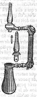 An illustration from La maniere de traicter les playes faictes tant par hacquebutes, que par fleches : et les accidentz d’icelles, comme fractures et caries des os, gangrene et mortification : avec les pourtraictz des instrumentz necessaires pour leur curation. Et la methode de curer les combustions principalement faictes par la pouldre à canon. Le tout composé par Ambroise Paré, maistre Barbier Chirurgien à Paris (1552)